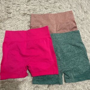 Set of Three High-Waisted Shorts in Pink, Green, and Tan